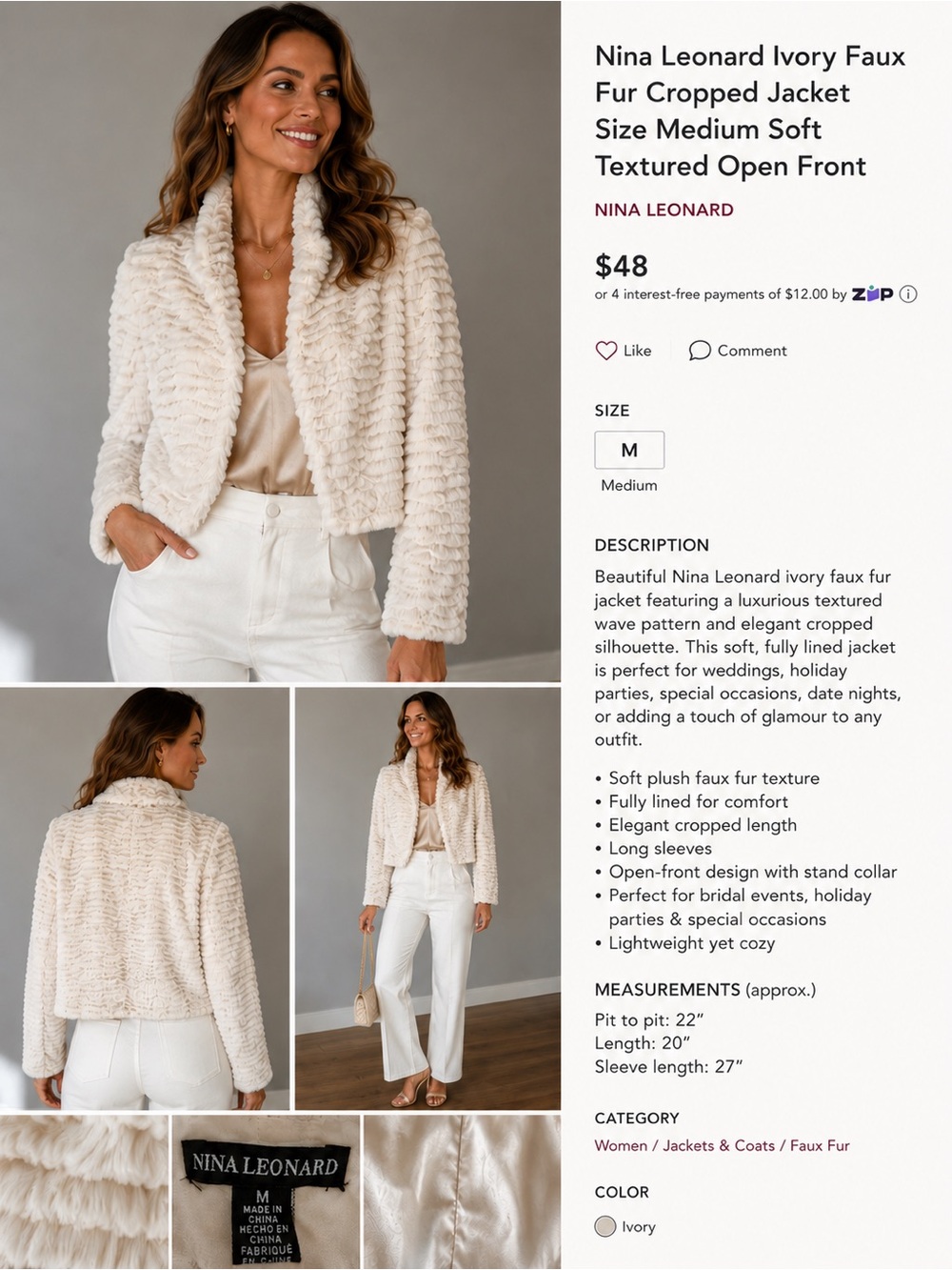 Nina Leonard Ivory Faux Fur Cropped Jacket Size Medium Soft Textured Open Front
